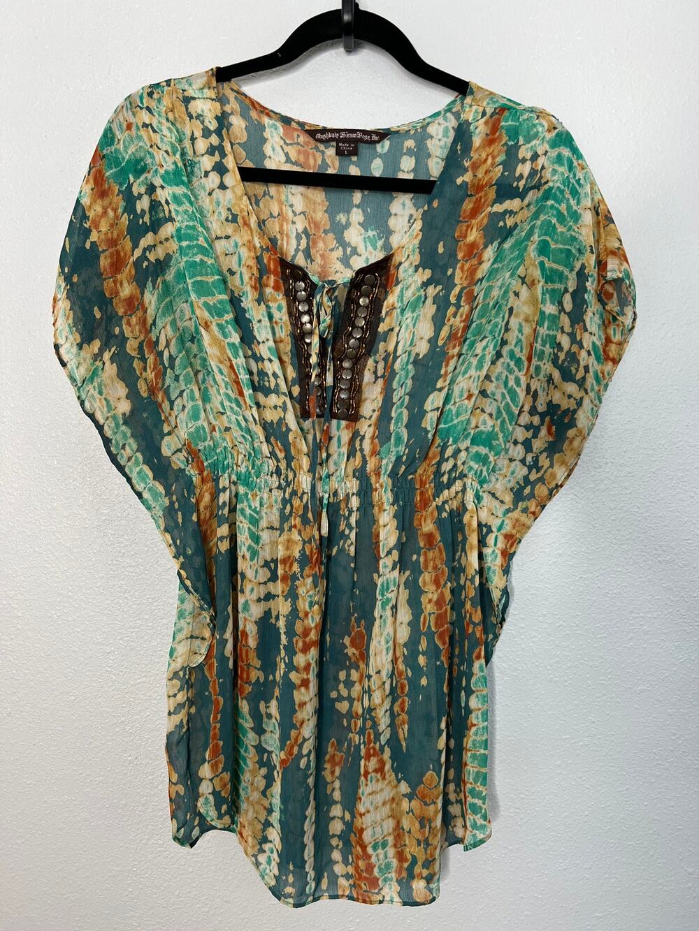 Mushka By Sienna Rose Sheer Top Tie Keyhole Neck Green Elastic Waist Sz L